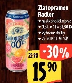 Nealkoholické pivo ochucené Radler Zlatopramen