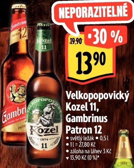 Pivo světlý ležák 11° Medium Velkopopovický Kozel