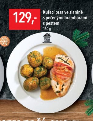 Kuřecí prsa ve slanině s pečenými bramborami s pestem 150g