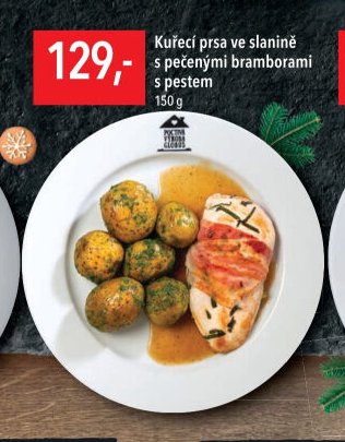 Kuřecí prsa ve slanině s pečenými bramborami s pestem
