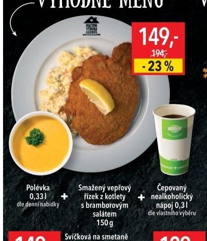 Smažený vepřový řízek z kotlety s bramborovým salátem 150g + polévka 0,33l + čepovaný nealkoholický nápoj 0,3l
