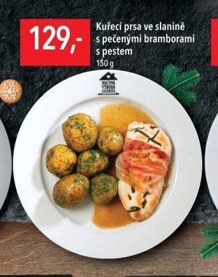 Kuřecí prsa ve slanině s pečenými bramborami s pestem 150g