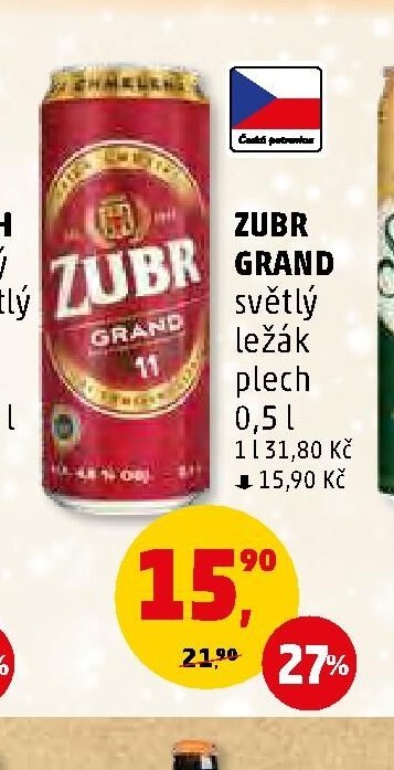 Zubr Grand světlý ležák plech 0,5 l