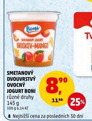 SMETANOVÝ DVOUVRSTVÝ OVOCNÝ JOGURT BONI různé druhy 145 g
