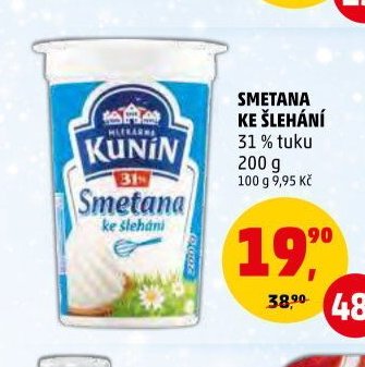 SMETANA KE ŠLEHÁNÍ KUNÍN 31 % tuku