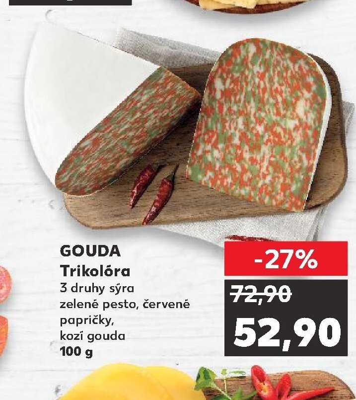 GOUDA Trikolóra 3 druhy sýra zelené pesto, červené papričky, kozí gouda 100 g