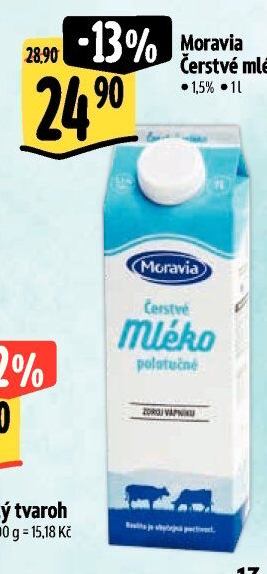 Mléko čerstvé Moravia - 1,5% polotučné
