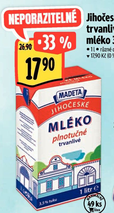 Mléko trvanlivé Jihočeské Madeta - 3,5% plnotučné