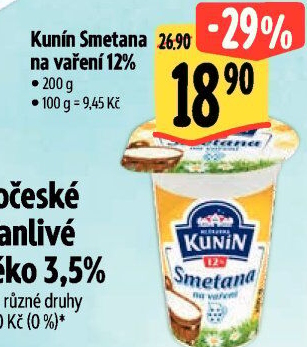 Smetana na vaření Mlékárna Kunín 12%