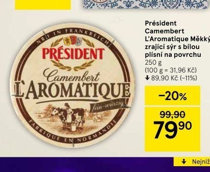 Président Camembert L'Aromatique Měkký zrající sýr s bílou plísní na povrchu 250 g