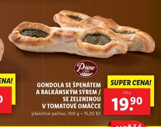 Gondola se špenátem a balkánským sýrem / se zeleninou v tomatové omáčce