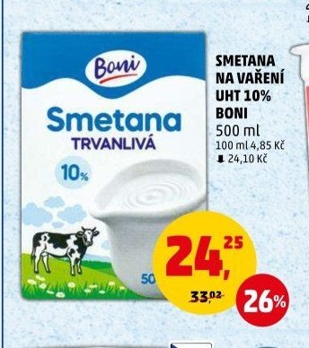 Smetana na vaření UHT 10% Boni 500 ml