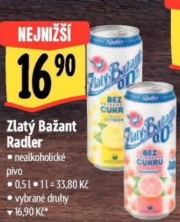 Nealkoholické pivo ochucené Radler Zlatý Bažant