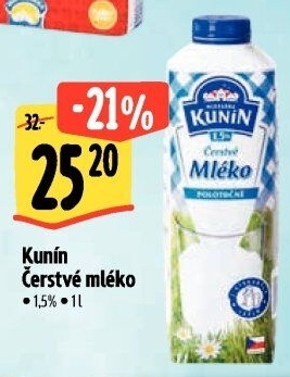 Mléko čerstvé Mlékárna Kunín - 1,5% polotučné
