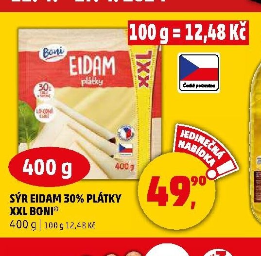 Sýr Eidam 30% plátky XXL Boni