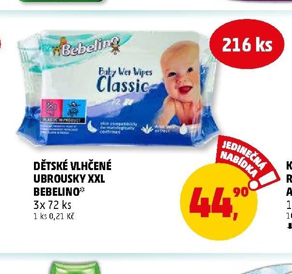 Dětské vlhčené ubrousky XXL Bebelino 3x 72 ks