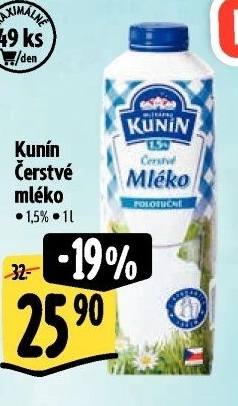 Mléko čerstvé Mlékárna Kunín - 1,5% polotučné