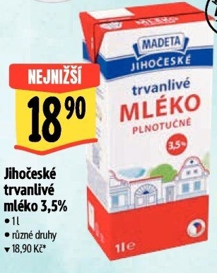 Mléko trvanlivé Jihočeské Madeta - 3,5% plnotučné