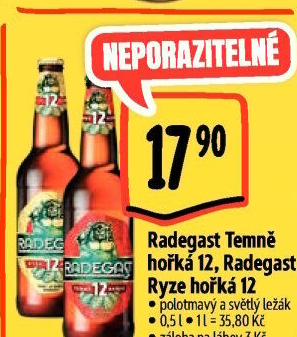 Pivo polotmavý ležák 12° Temně hořká Radegast