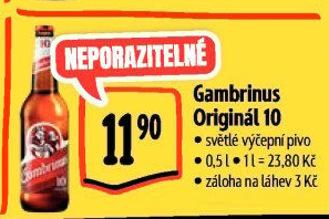 Pivo světlé výčepní Originál 10° Gambrinus
