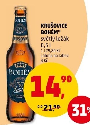 Pivo světlý ležák Bohém Krušovice