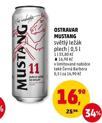 Pivo světlý ležák Mustang 11° Ostravar