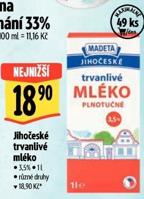 Mléko trvanlivé Jihočeské Madeta - 3,5% plnotučné