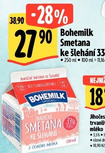 Smetana ke šlehání 33% Bohemilk Opočno