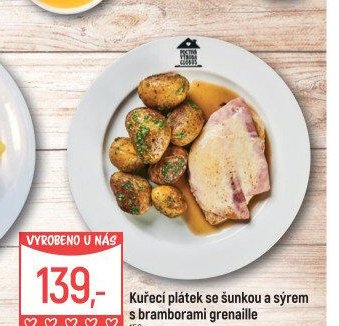 Kuřecí plátek se šunkou a sýrem s bramborami grenaille