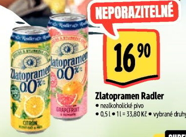 Nealkoholické pivo ochucené Radler Zlatopramen