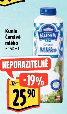 Mléko čerstvé Mlékárna Kunín - 1,5% polotučné