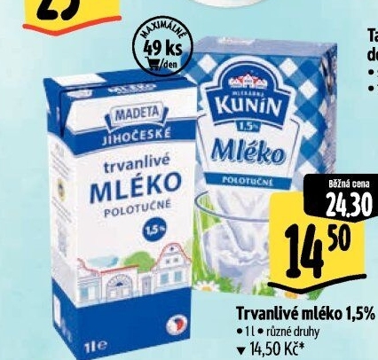 Mléko trvanlivé Mlékárna Kunín - 1,5% polotučné