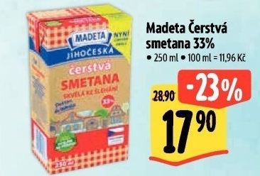 Smetana čerstvá ke šlehání Jihočeská Madeta 33%