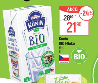 Mléko trvanlivé bio Mlékárna Kunín - 1,5% polotučné