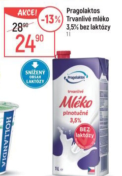 Mléko trvanlivé bez laktózy Pragolaktos- 3,5% plnotučné