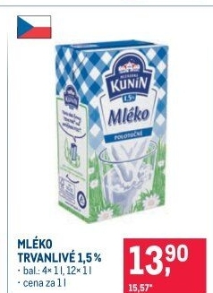 Mléko trvanlivé Mlékárna Kunín - 1,5% polotučné