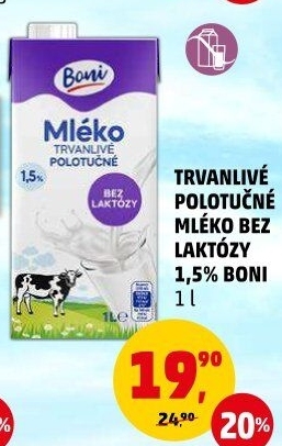 Mléko trvanlivé bez laktózy Boni - 1,5% polotučné