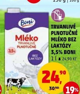 Mléko trvanlivé bez laktózy - 3,5% plnotučné Boni