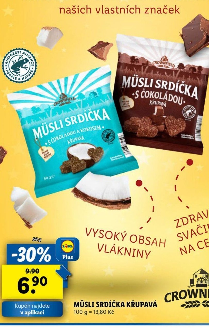 Crownfield müsli srdíčka s čokoládou a kokosem / s čokoládou