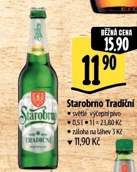Pivo světlé výčepní nepasterizované 10° Tradiční Starobrno