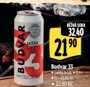 Pivo světlý ležák 33 Budweiser Budvar