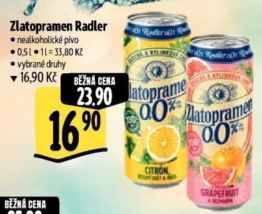 Nealkoholické pivo ochucené Radler Zlatopramen