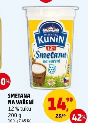 Smetana na vaření Mlékárna Kunín 12%