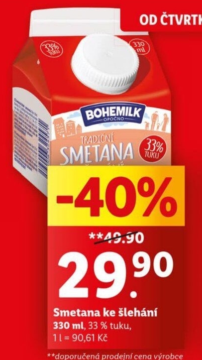 Smetana ke šlehání 33% Bohemilk Opočno