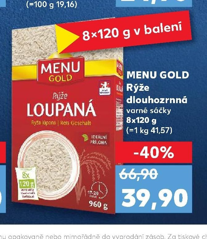 MENU GOLD Rýže dlouhozrnná varné sáčky 8x120 g