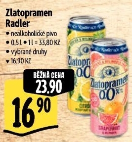 Nealkoholické pivo ochucené Radler Zlatopramen