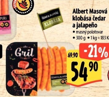 Klobása masová s čedarem a jalape?o Albert Gril