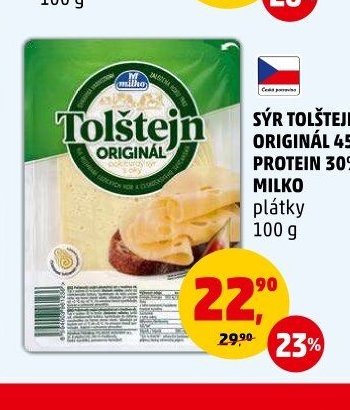 SÝR TOLŠTEJN ORIGINÁL 45%, PROTEIN 30% MILKO plátky 100 g
