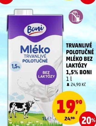 Mléko trvanlivé bez laktózy Boni - 1,5% polotučné