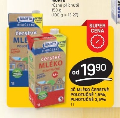 JČ MLÉKO ČERSTVÉ POLOTUČNÉ 1,5%, PLNOTUČNÉ 3,5% 1 l